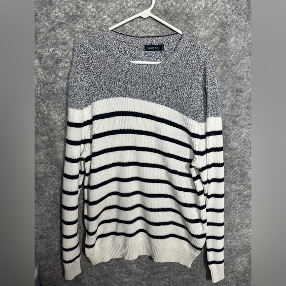 Nautica Sweater Mens Extra Large White Gray Stripe Navy Black Winter Ski Casual